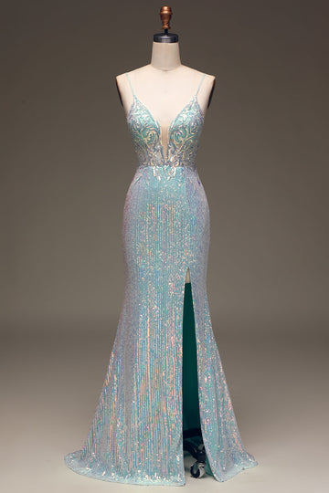 Sparkly Mermaid Grey Blue Prom Dress med Slit